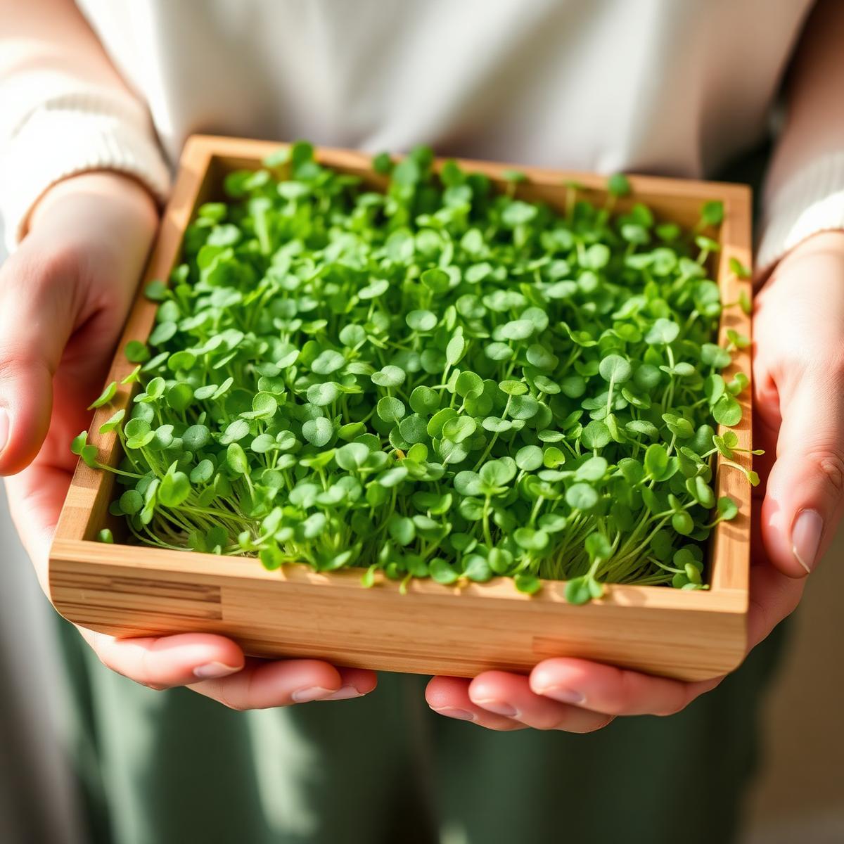 Hands holding a freshly harvested tray of Grevia microgreens