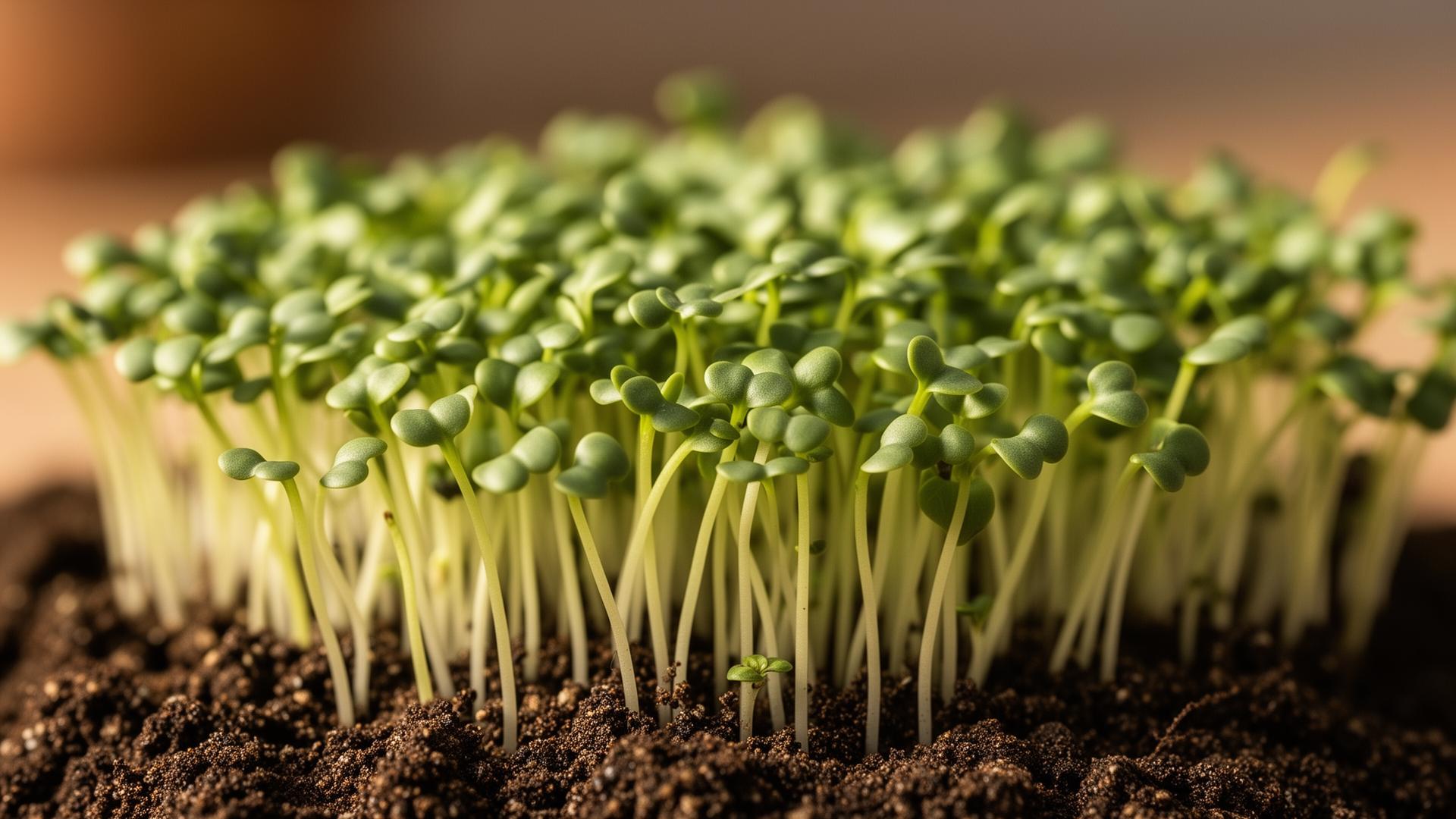 Fresh microgreens sprouting in a Grevia urban farm tray